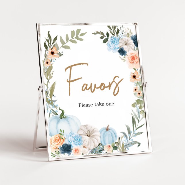 Affiche Fleurs d'automne bleu Citrouille Baby shower Faveu (Autumn Little Pumpkin Baby Shower Favors Sign)