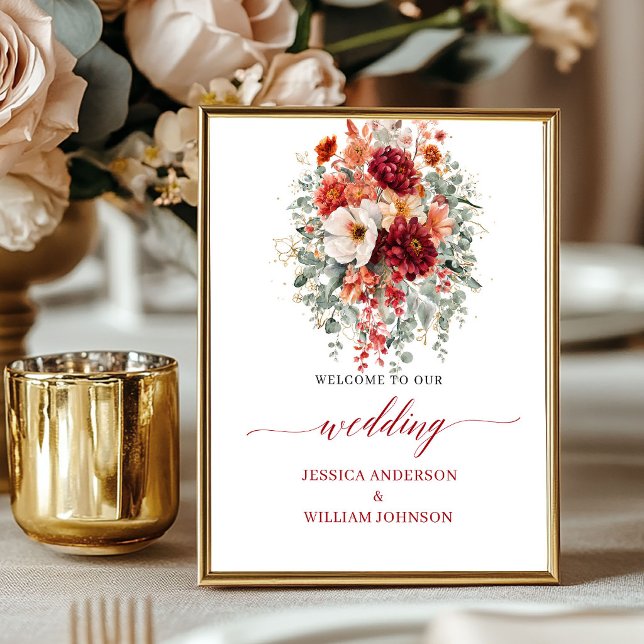Affiche Fleurs d'Automne Bourgogne Panneau de Mariage 8x10 (Autumn Burgundy Flowers 8x10 Greenery Wedding Welcome

)