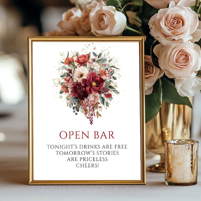 Affiche Fleurs d'automne de Bourgogne bohème Bar à boisson (Bohemian Burgundy Fall Flowers Open Bar Tabletop

)