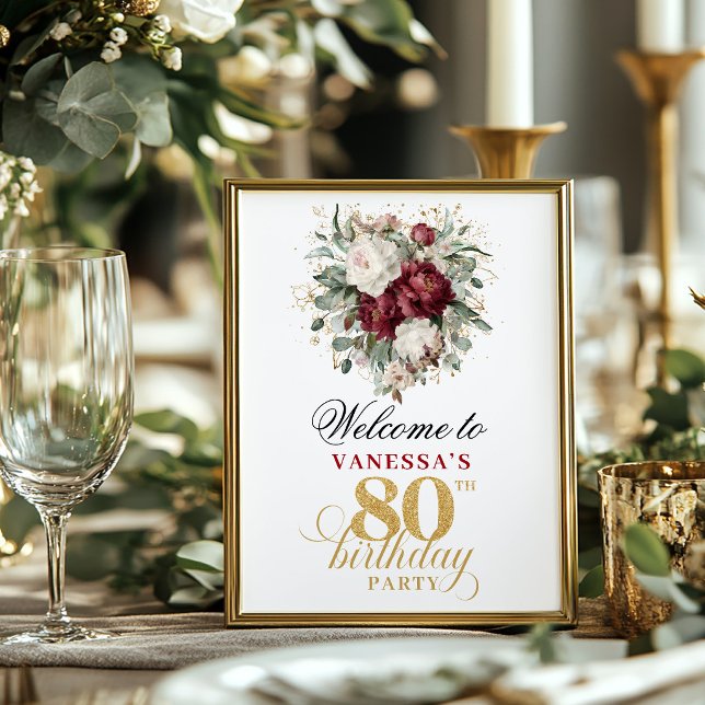 Affiche Fleurs de Bourgogne Floral 80e Anniversaire sur Ta (Floral Burgundy Blush 80th Birthday Tabletop)