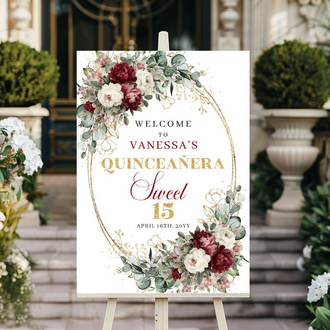 Affiche Fleurs de Bourgogne verdure or Quinceañera bienven (Burgundy flowers greenery gold Quinceañera welcome

)