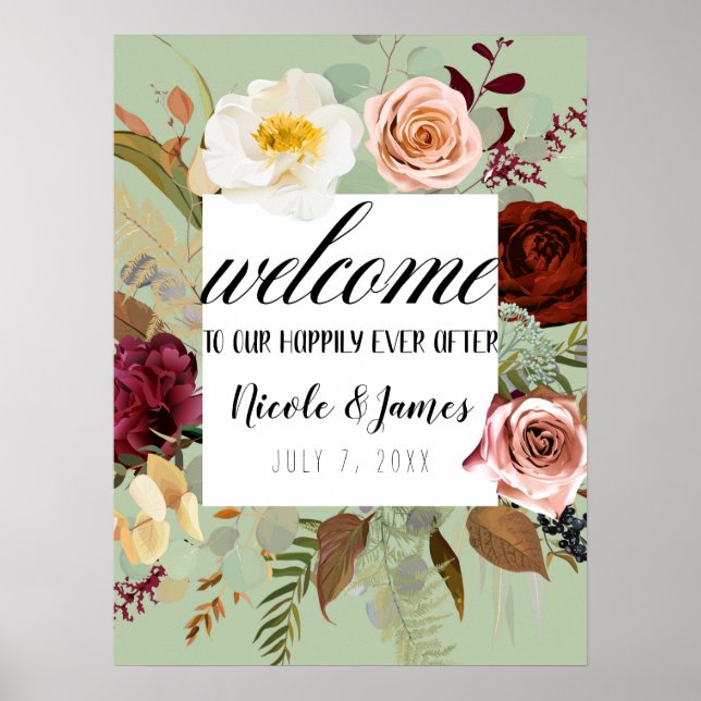 Affiche Fleurs de campagne verte rustique Bienvenue de mar (Devant)