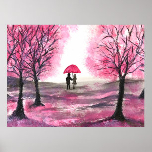 Affiche Fleurs de cerisier rustique Amour couple Parapluie
