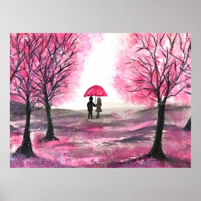 Affiche Fleurs de cerisier rustique Amour couple Parapluie (Devant)