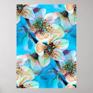 Affiche Fleurs de cerisier Sakura japonaises en bleu Aqua