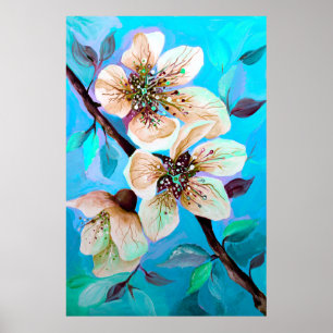 Affiche Fleurs de cerisier Sakura japonaises en bleu Aqua