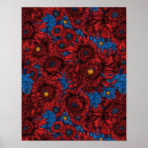 Affiche Fleurs de chrysanthème rouge et coléoptères orange