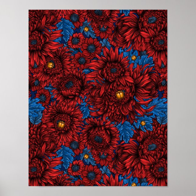 Affiche Fleurs de chrysanthème rouge et coléoptères orange (Devant)