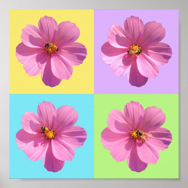 Affiche Fleurs de cosmos à quatre panneaux avec abeille (Devant)