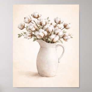 Affiche Fleurs de coton dans un pichet blanc Neutral Farmh