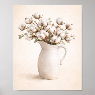 Affiche Fleurs de coton dans un pichet blanc Neutral Farmh
