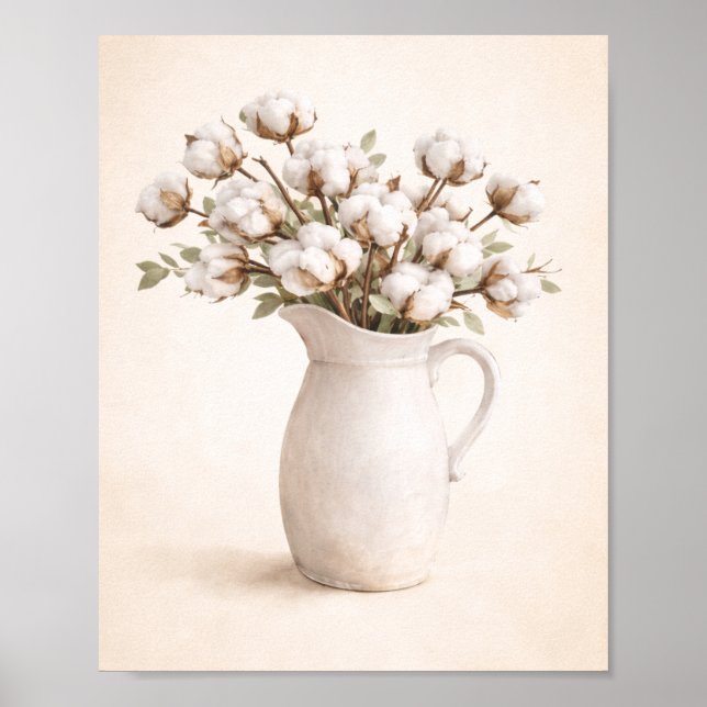 Affiche Fleurs de coton dans un pichet blanc Neutral Farmh (Devant)