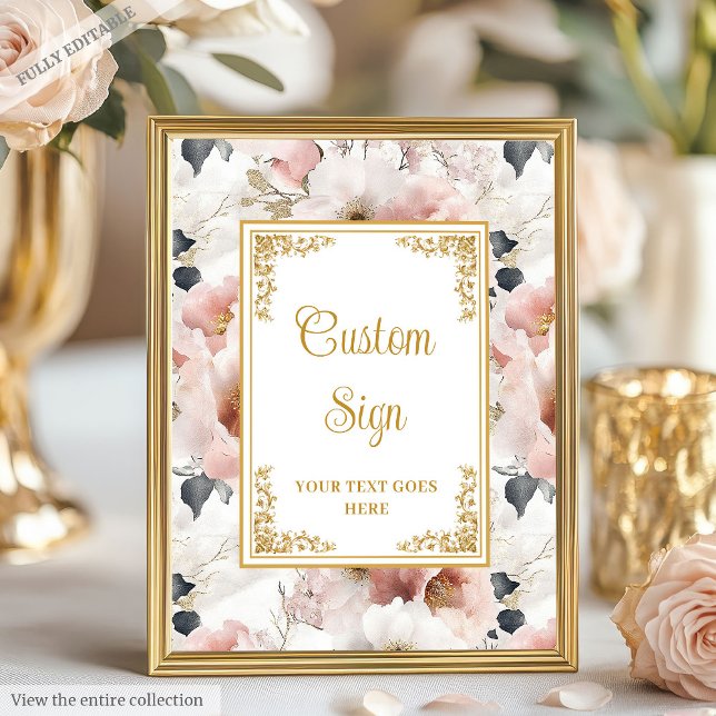 Affiche Fleurs de couleur pâle et panneau personnalisé mar (Dainty blush flowers and gold wedding custom sign)