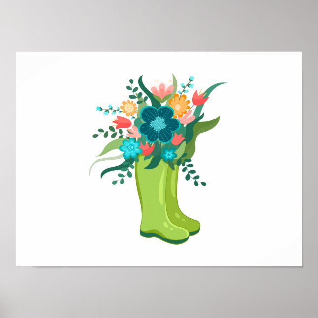 Affiche Fleurs de couleurs vives en Bottes vertes (Devant)