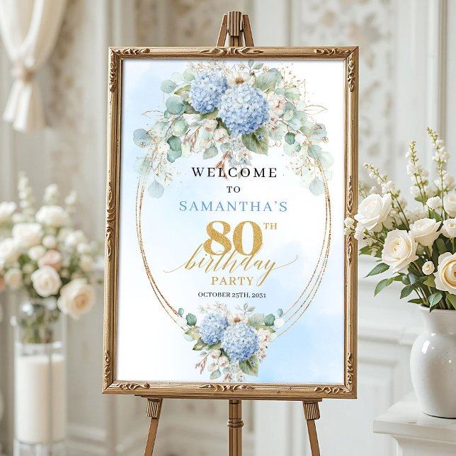 Affiche Fleurs de eucalyptus bleu pastel 80 ans de bienven (Pastel Blue Eucalyptus Floral 80th birthday welcome)