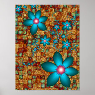 Affiche Fleurs de fractale turquoise