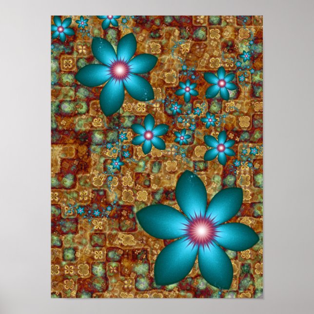 Affiche Fleurs de fractale turquoise (Devant)