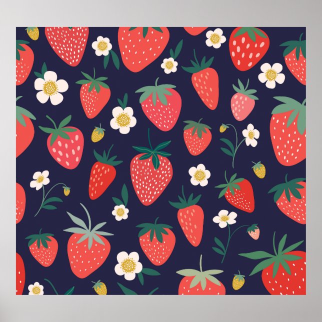 Affiche Fleurs de fraises et fruits : Motif décoratif (Devant)