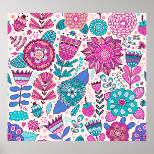 Affiche Fleurs de gribouillis botaniques, texture transpar