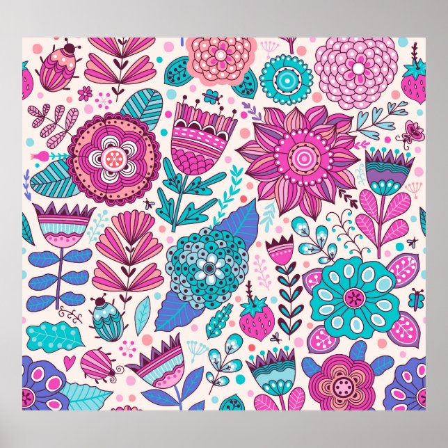 Affiche Fleurs de gribouillis botaniques, texture transpar (Devant)