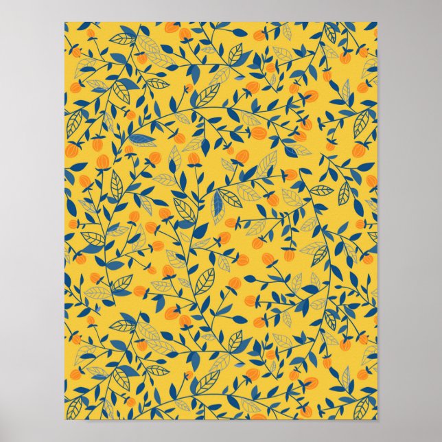 Affiche Fleurs de gribouillis en bleu et jaune (Devant)