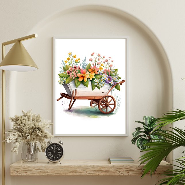 Affiche Fleurs de jardin roses jaunes et blanches dans un  (Wheel Barrel with Flowers Country Rustic Wall Art poster)