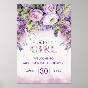 Affiche Fleurs de jardin violet et rose Baby shower fille