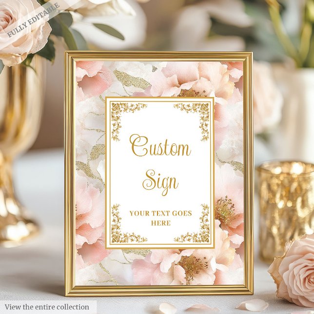 Affiche Fleurs de jouvence moderne avec accents d'or panne (Modern blush flowers with gold accents custom sign)