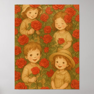Affiche "Fleurs de l'enfance : Délice de jardin de roses"