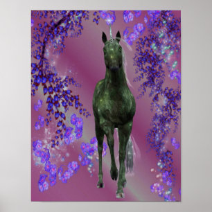 Affiche Fleurs de licorne noire Imaginaire Cheval Art