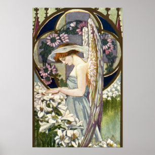 Affiche Fleurs de lys de Pâques vintage et ange victorien
