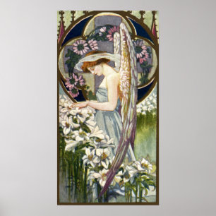 Affiche Fleurs de lys de Pâques vintage et ange victorien