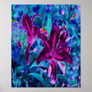 Affiche Fleurs de lys orientales abstraites violettes et r