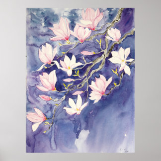 Affiche fleurs de magnolia rose en arrière - plan violet