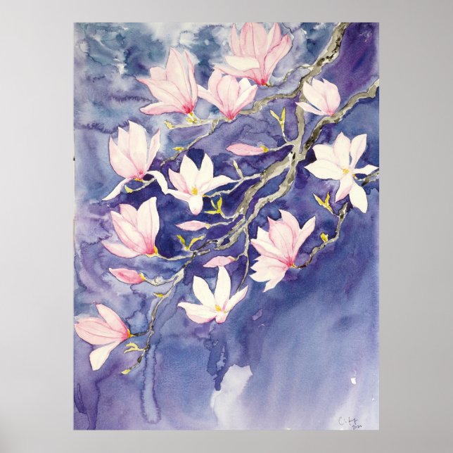 Affiche fleurs de magnolia rose en arrière - plan violet (Devant)