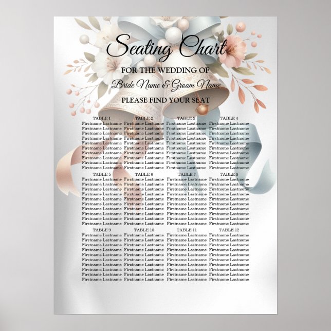 Affiche Fleurs de mariage cloches Rubans bleu rose Beau (Devant)