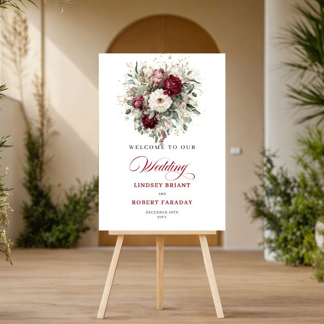 Affiche Fleurs de mariage raffinées de couleur rouge foncé (Refined Deep Red Floral Greenery Wedding Welcome)