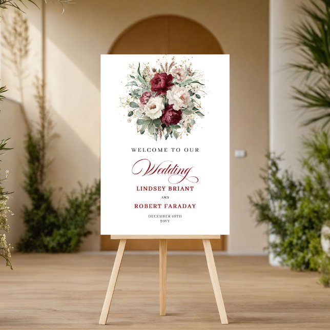 Affiche Fleurs de Mariage Rustiques Marron Verdure Or Bien (Rustic Maroon Flowers Greenery Gold Wedding Welcome)