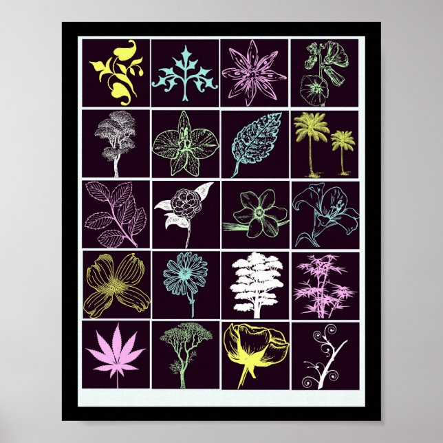 Affiche Fleurs de néon et silhouette Plante (Devant)