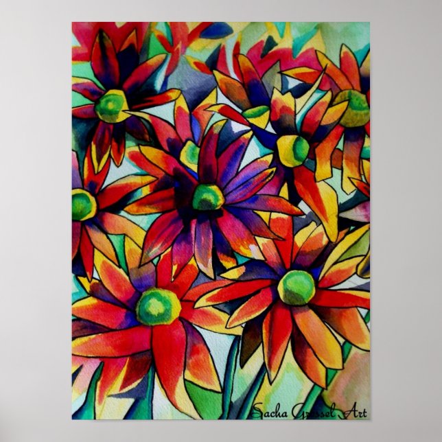 Affiche Fleurs de paille marguerite art original aquarelle (Devant)