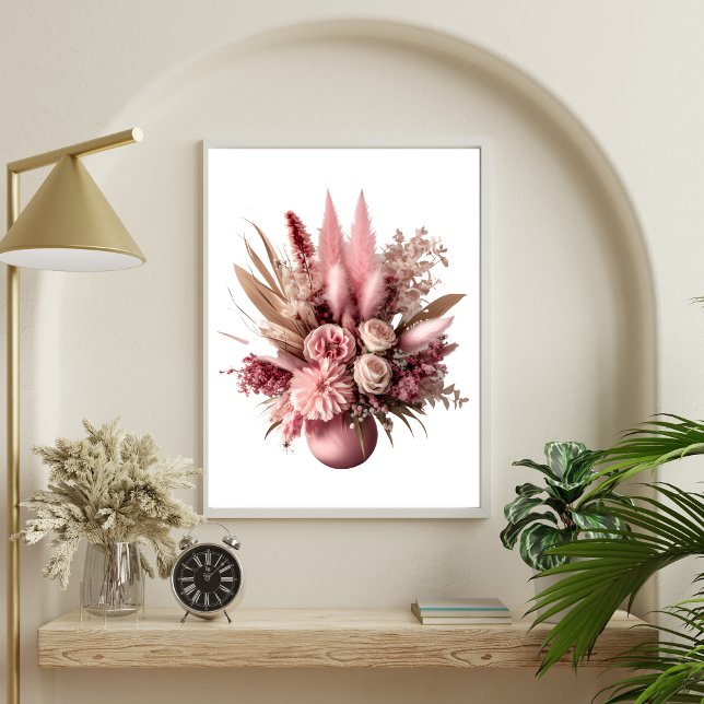 Affiche Fleurs de pampa florales roses Boho dans un vase (Pink Floral Boho Pampas Grasses Wall Art Print)