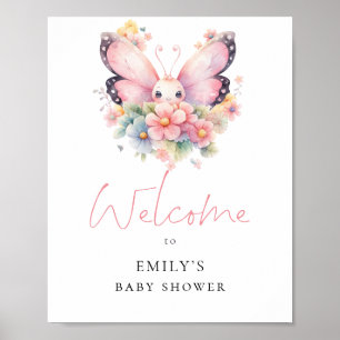Affiche Fleurs de papillon modernes Bienvenue Baby Shower