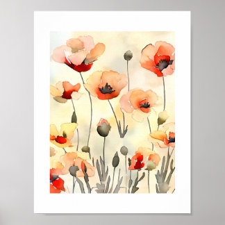 Affiche Fleurs de pavot Aquarelle peinture minimaliste