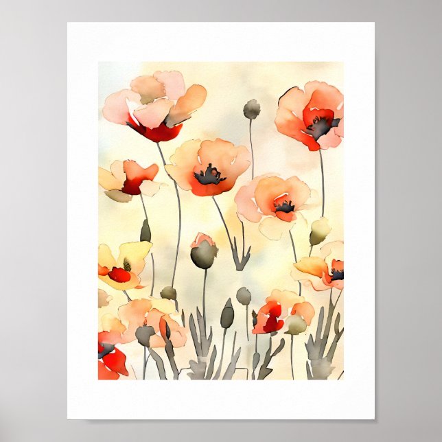 Affiche Fleurs de pavot Aquarelle peinture minimaliste (Devant)