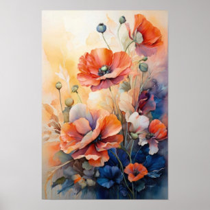 Affiche Fleurs de pavot rouge—Aquarelle florale Art botani