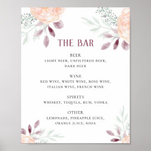 Affiche Fleurs de pêche à l'aquarelle. Boissons du bar mar
