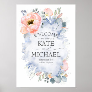 Affiche Fleurs de Pêche et verdure Dusty Blue Welcome