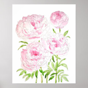 Affiche fleurs de pivoine rose aquarelle et encre