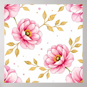 Affiche Fleurs de pivoine roses motif feuilles dorées