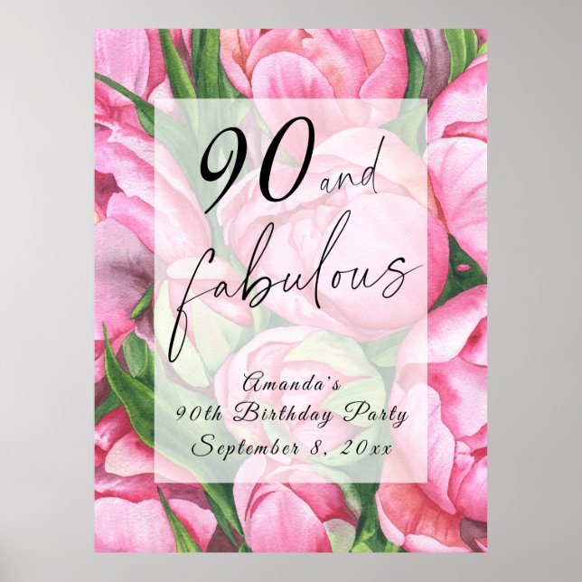 Affiche Fleurs de pivoines 90e fête d'anniversaire (Devant)